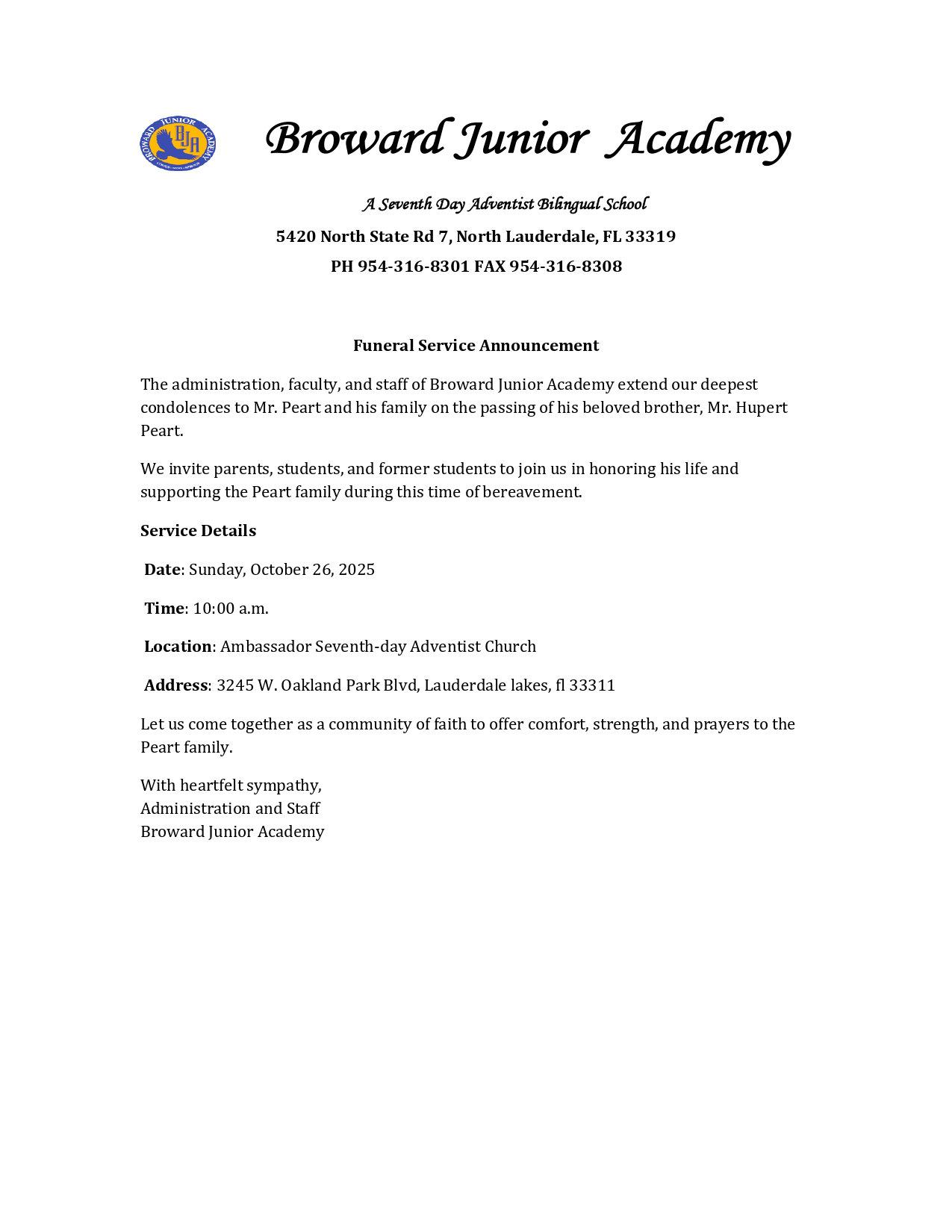 Funeral Service Announcement Hupert Peart